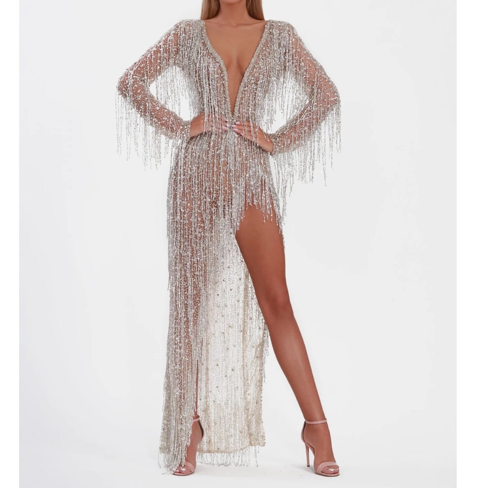 Albina Dyla Long Silver Dress with Fringes Size S - NEW